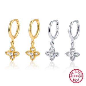 Clover Hoop Earrings With Zircon Dangle 925 Sterling Silver Sparkly Lucky Jewelry Charm For Women