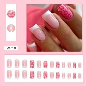Long square rose pink leopard print French fake nails set with 24 pieces of tips