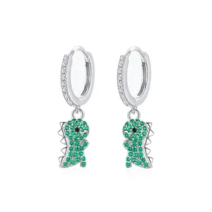 Minimalist S925 silver dinosaur hoop earrings with green zircon pavé on white background