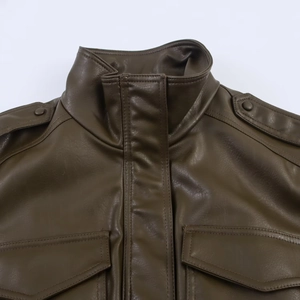 Deep olive green PU leather jacket with stand collar and epaulette detail shown from above
