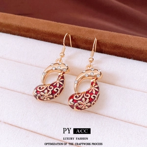 Vintage gold-plated paisley drop earrings with red floral enamel and zircon accents