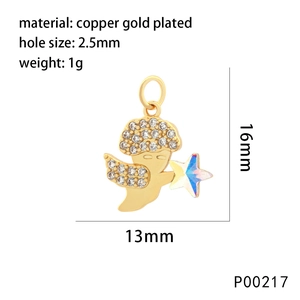 Close-up of gold-plated copper angel pendant with zircon inlay and star crystal charm