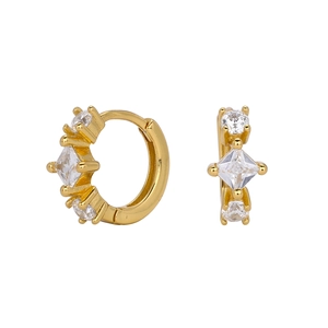 Detailed macro view of S925 silver gold-plated earrings with square cubic zirconia stones