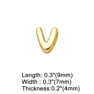 Polished gold initial V letter charm showing 9mm height and 4mm thickness details