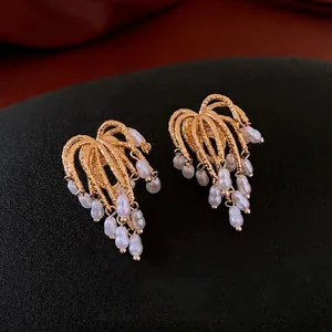 18k gold plated vintage tassel earrings with white pearls and elegant French retro design