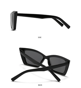Detailed side and back views of modern black square sunglasses with polished finish