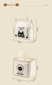 Size chart showing dimensions for large capacity insulated canvas lunch bags in two styles