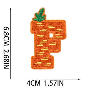 Detailed embroidery patch of letter P with carrot design including size markings