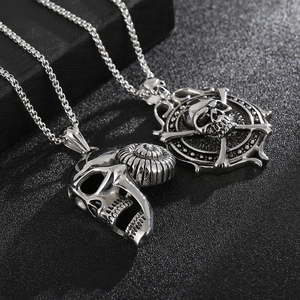 Punk style stainless steel ram horn skull and pirate crossbones necklace pendant for men
