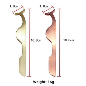 Detail showing dimensions of gold and rose gold stainless steel eyelash tweezers
