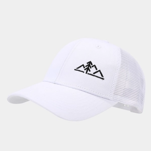 Detail showing the mountain embroidery on the side of this white mesh trucker hat