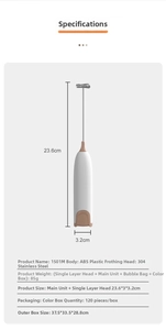 Detailed specs of electric milk frother showing ABS body and 304 stainless steel whisk