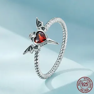 Gothic S925 sterling silver ring with heart red stone and bat wings on twist band