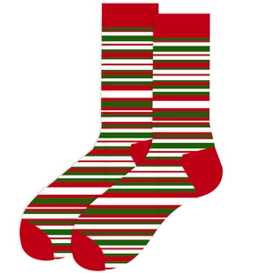 Close-up of stacked Christmas socks with classic red, green, and white horizontal stripes