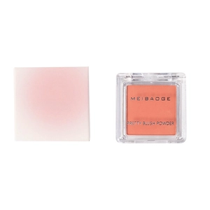 Matte coral single blush powder in transparent square case with matching retail packaging box