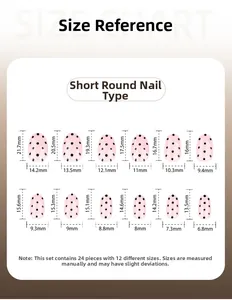 Tableau des tailles pour kit de 24 faux ongles ronds courts à motif de pois noirs