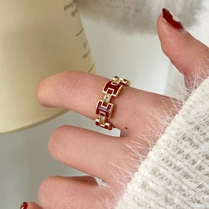 Retro Elegant H Letter Geometric Open Ring For Women Red Enamel Copper Gold Plated Luxury Cubic Zirconia Adjustable Finger