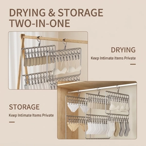 Multi-clip stainless steel drying rack for socks and underwear shown in indoor storage use