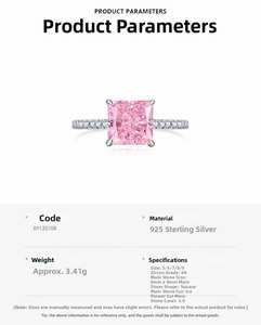 Détails de la bague en argent 925 avec zircon rose carré 3ct taille fleur de glace