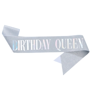 Silver glitter Birthday Queen sash with holographic reflection on white background