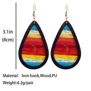 Western teardrop earrings with colorful stripes, wood frame and PU leather texture