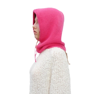 Knitted rose pink balaclava hood scarf for women, warm winter neck gaiter shown on model