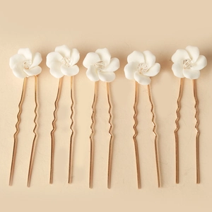 Set of 5 bridal hair pins with white ceramic flowers, crystals, and gold U-shaped metal clips
