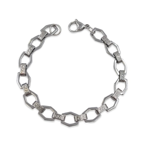 Silver stainless steel geometric link bracelet with black Greek key pattern and lobster clasp