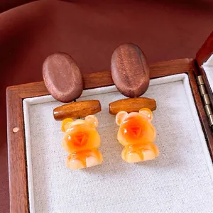 Retro Cartoon Bear Pendant Earrings Wood And Resin Animal Shape With Silver Earring Post Handmade Style For Women