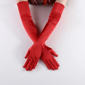 Elegant long red satin gloves with silky metallic finish for formal evening events