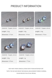 Detailed size guide for minimalist zircon stud earrings showing weights and dimensions