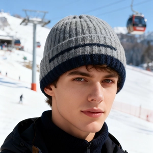 Winter knitted beanie in grey and navy blue stripes with thermal fleece lining for men