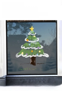 Detailed view of green Christmas tree window static sticker with Merry Christmas text