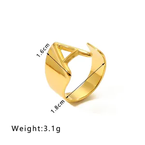 Detailed top view of 18K gold plated letter A open ring showing weight and dimensions