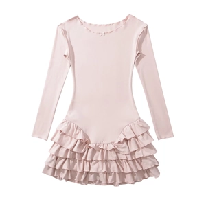 Detail of pink long sleeve dress with ruffled layers and delicate chiffon texture