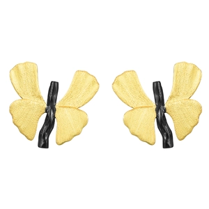 Artistic S925 silver ginkgo and butterfly earrings in gold and black finish