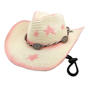 Pink star-printed western straw cowboy hat with gradient brim and adjustable chin strap