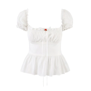 Haut Femme Blanc Chemisier Manches Bouffantes Col Carré Lacé Dos Ourlet À Volants Broderie Rose Style Milkmaid Français