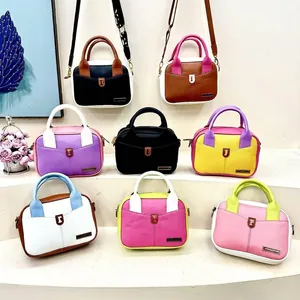 Women Colorblock Shoulder Bag PU Leather Litchi Grain Wide Printed Strap Top Handle Square Crossbody Daily Casual