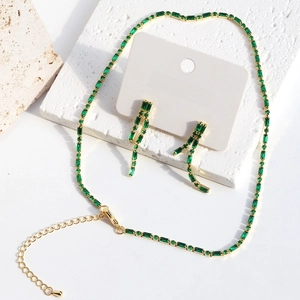 Emerald Green Rectangle Cubic Zirconia Necklace Earrings Bracelet Gold Plated Copper Vintage Elegant Women Jewelry Accessory
