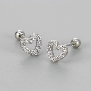 S925 sterling silver hollow heart stud earrings with sparkling pavé cubic zirconia