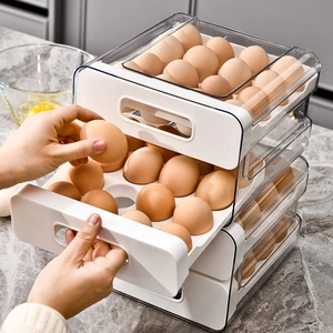 Three-layer drawer-style egg storage box for refrigerator in clear food-grade plastic