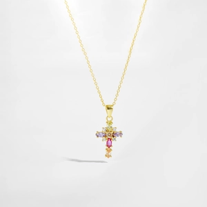 Elegant gold S925 silver necklace featuring a colorful pear-cut zircon cross pendant