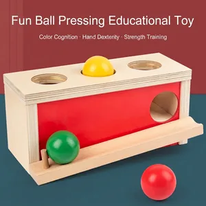 Wooden Montessori ball push toy with red frame and three colorful solid wood balls