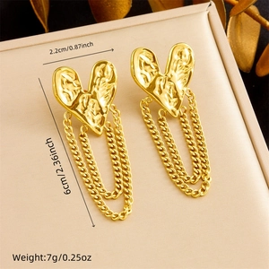 Detailed view of gold heart tassel earrings with dimensions and weight measurements