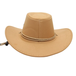Detailed view of camel western cowboy hat featuring braided rope and black chin strap cord