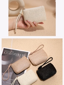 Straw woven coin purses in beige, brown, and black with wristlets shown in hand and flat lay