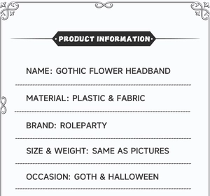 Detailed chart showing Gothic flower headband materials and product specifications