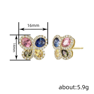 Pendientes de mariposa de lujo con gemas de colores y medidas de tamaño detalladas
