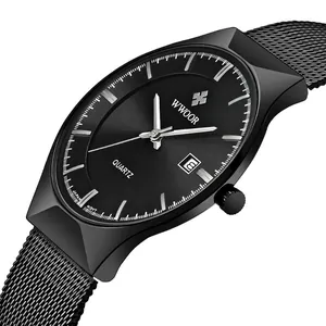 Minimalist black stainless steel men's watch with mesh band and date display
